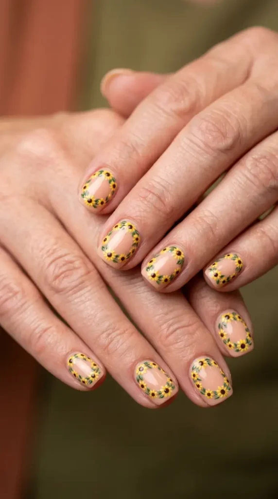 Peach Nude Acrylic Nails with Sunflower Wreath