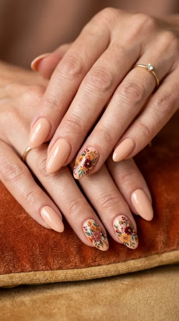 Peach Nude Nails with Autumn Bouquet Art