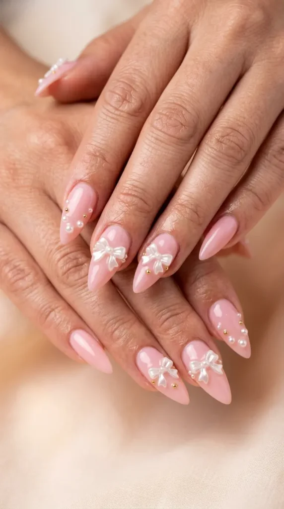 Pearl Coquette Bow Stiletto Nails