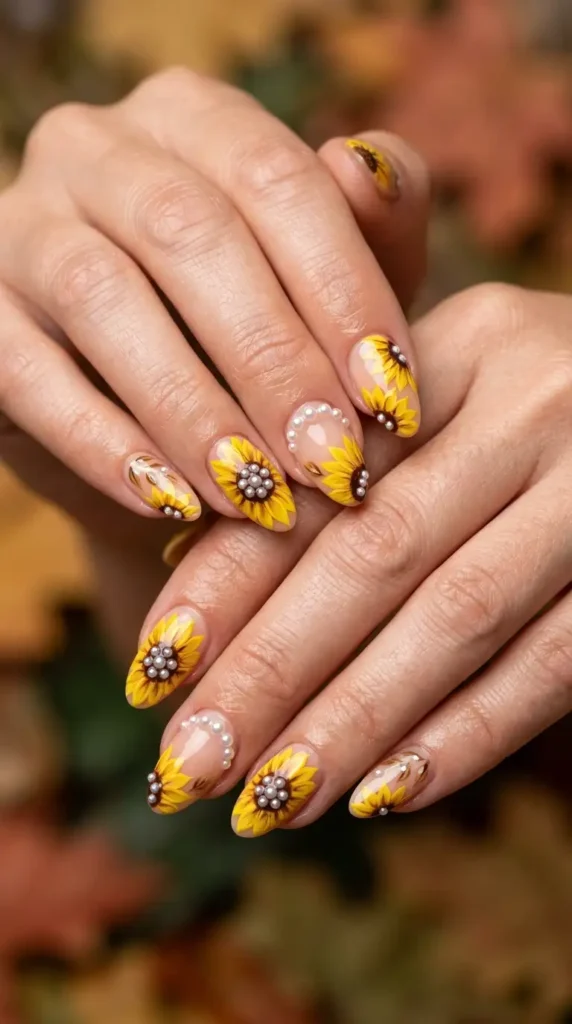 Pearl Embellished Sunflower Nails