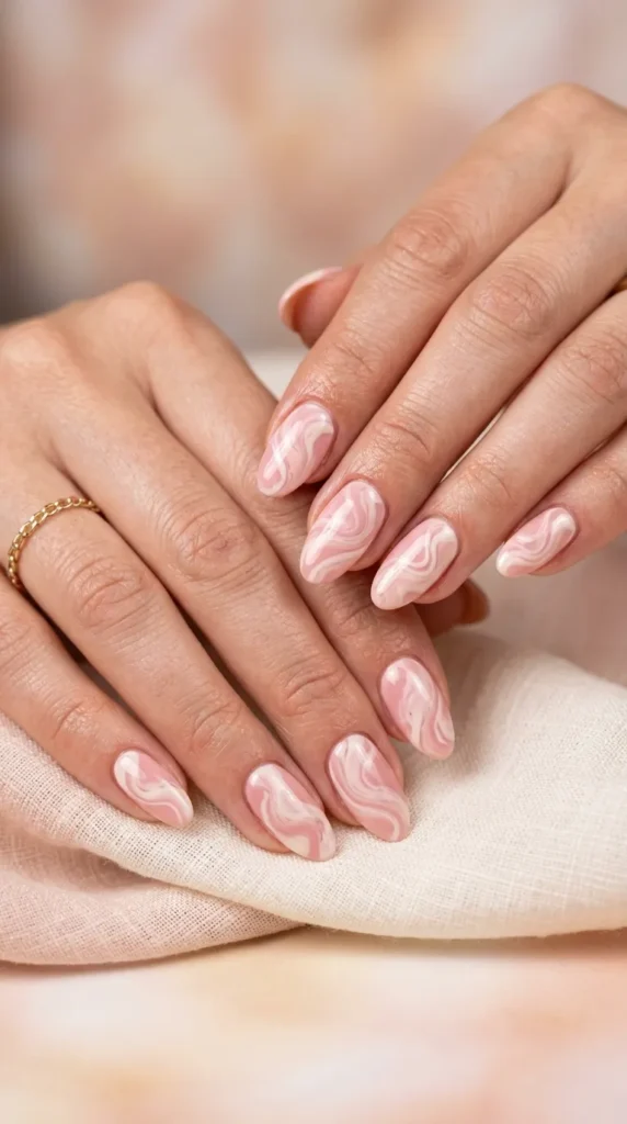 Pink and White Swirl Nails