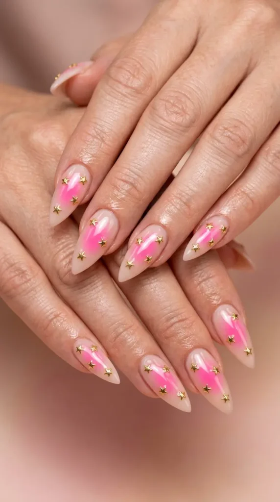Pink Aura with Gold Stars Stiletto Nails