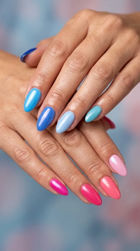 Pink Blue Mismatched Nails