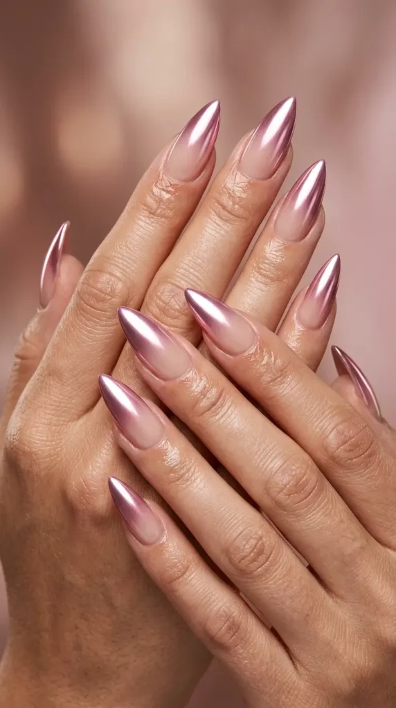 Pink Chrome French Fade Stiletto Nails