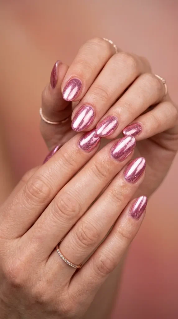 Pink Chrome Mirror Glitter Nails