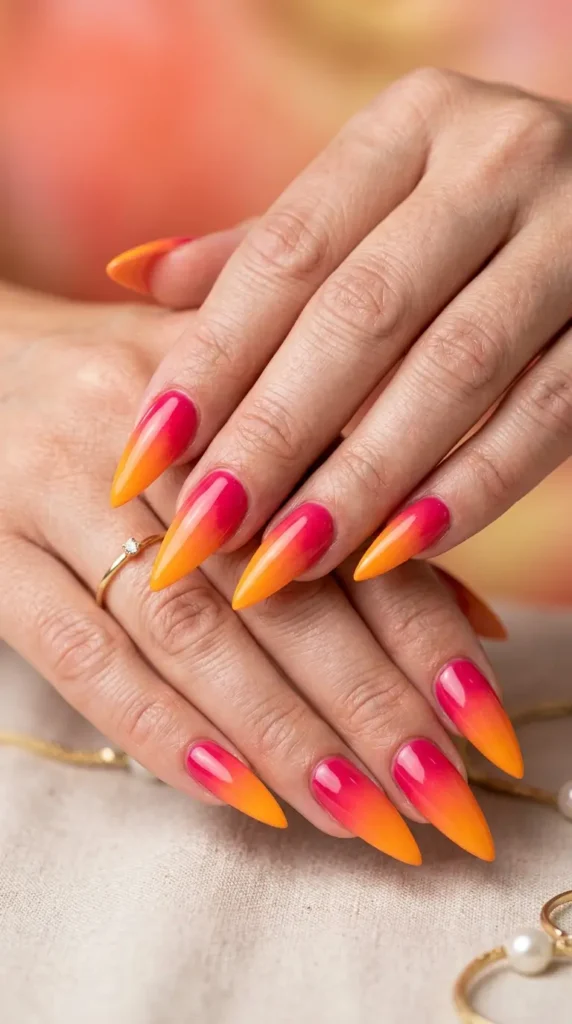 Pink & Orange Sorbet Ombre Stiletto Nails
