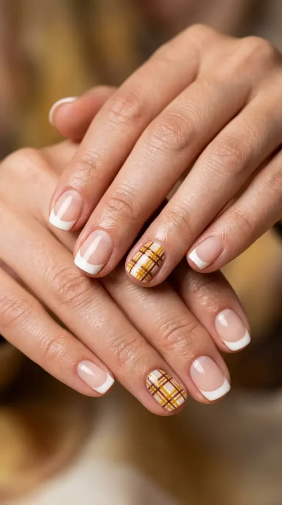 Plaid Accent French Nails in Autumn Colors
