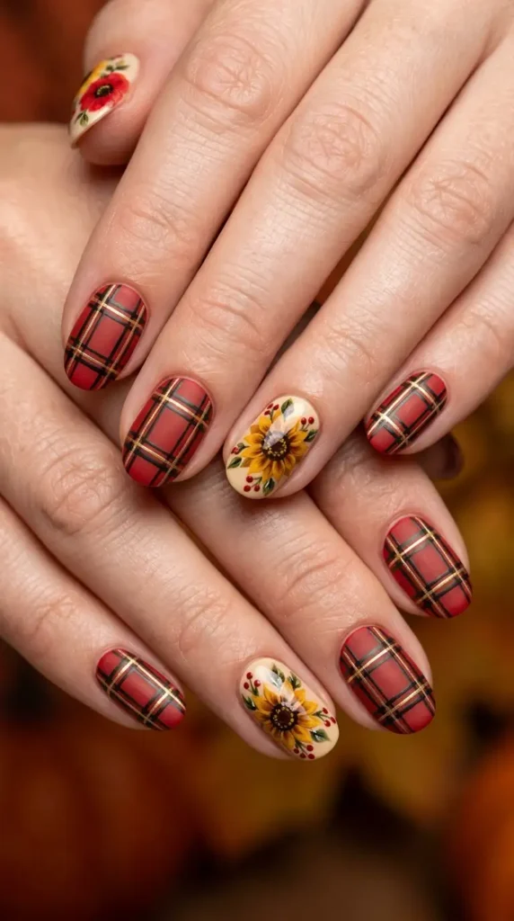 Plaid and Sunflower Accent Nails