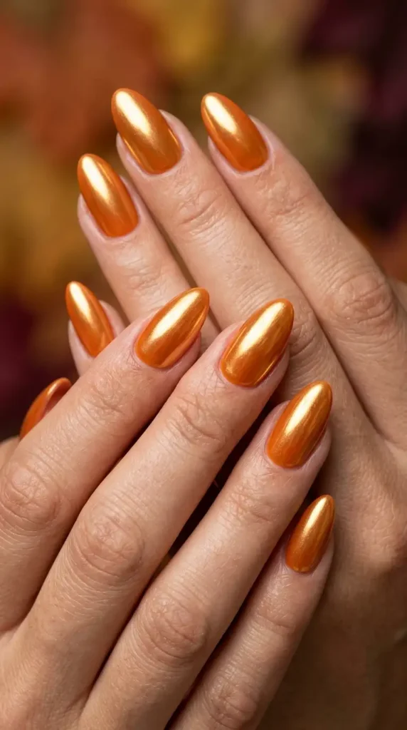 Pumpkin Chrome Almond Nails