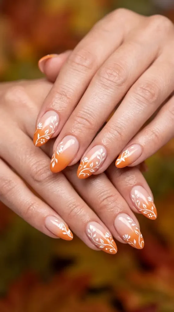 Pumpkin Floral French Fade Nails