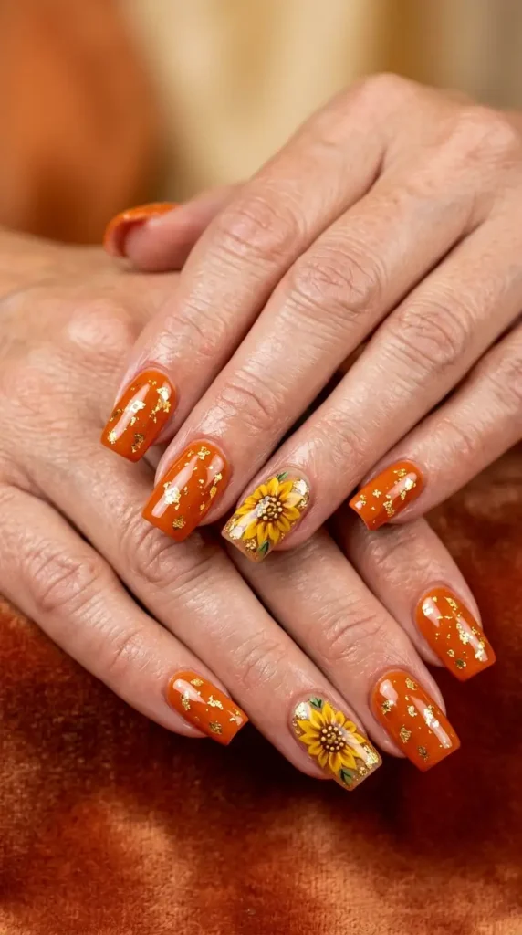 Pumpkin Orange Acrylic Nails with Gold Flakes