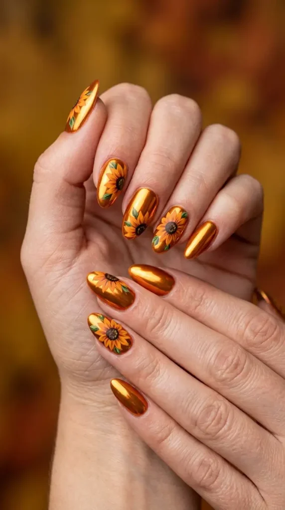 Pumpkin Orange Chrome Nails with Sunflowers