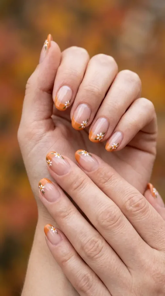 Pumpkin Orange French Tips with Tiny Daisies