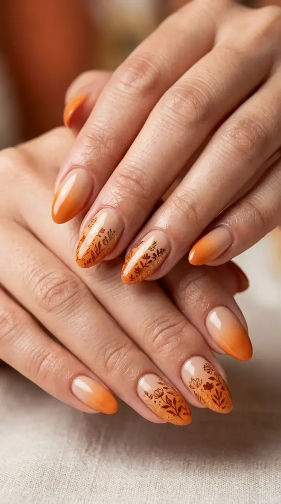 Pumpkin Spice Floral Ombre Nails