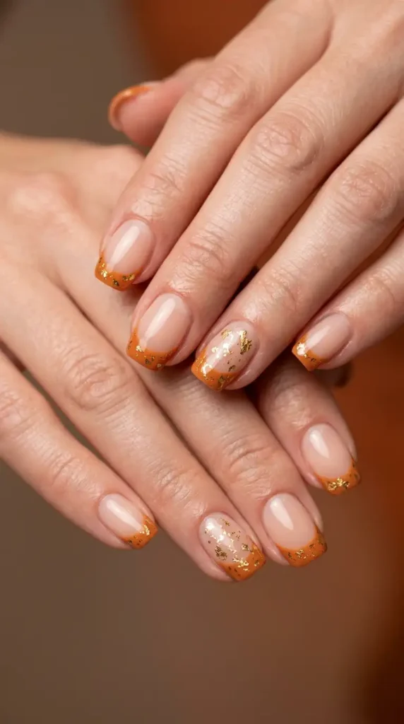 Pumpkin Spice French Tips with Tiny Gold Foil