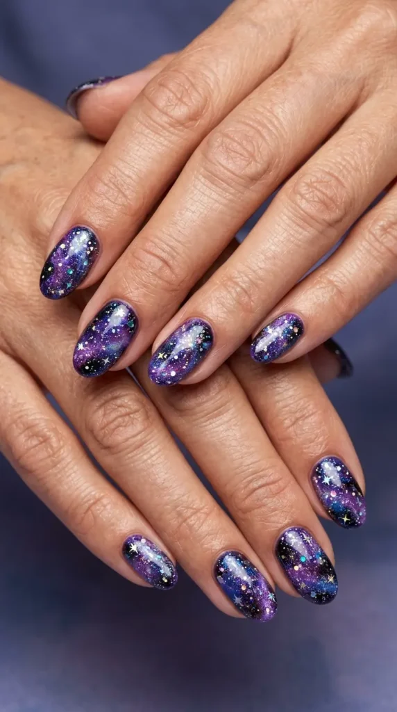 Purple Galaxy Glitter Nails