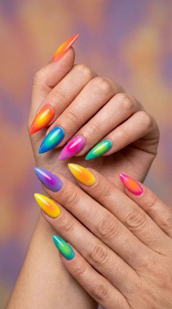 Rainbow Aura Stiletto Nails