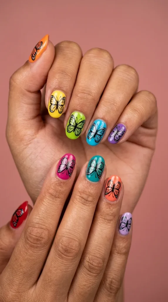 Rainbow Butterfly Skittle Nails