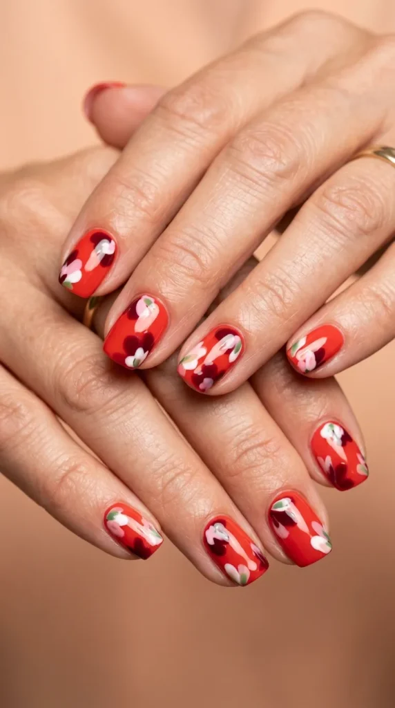 Red Abstract Floral Nails