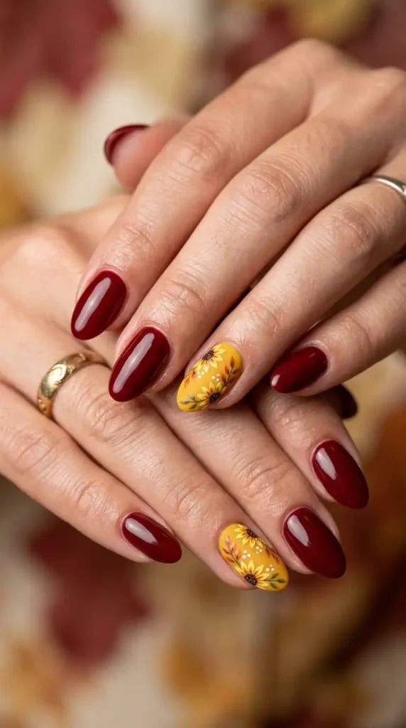 Red and Mustard Floral Mix Nails