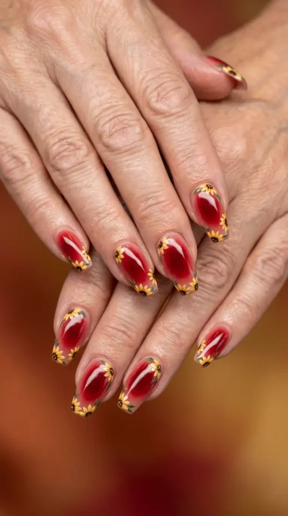 Red Aura Nails with Tiny Sunflowers