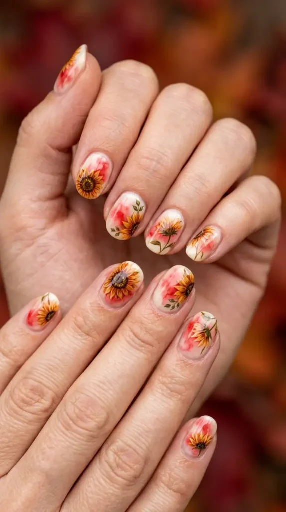 Red Blooming Gel Sunflower Nails