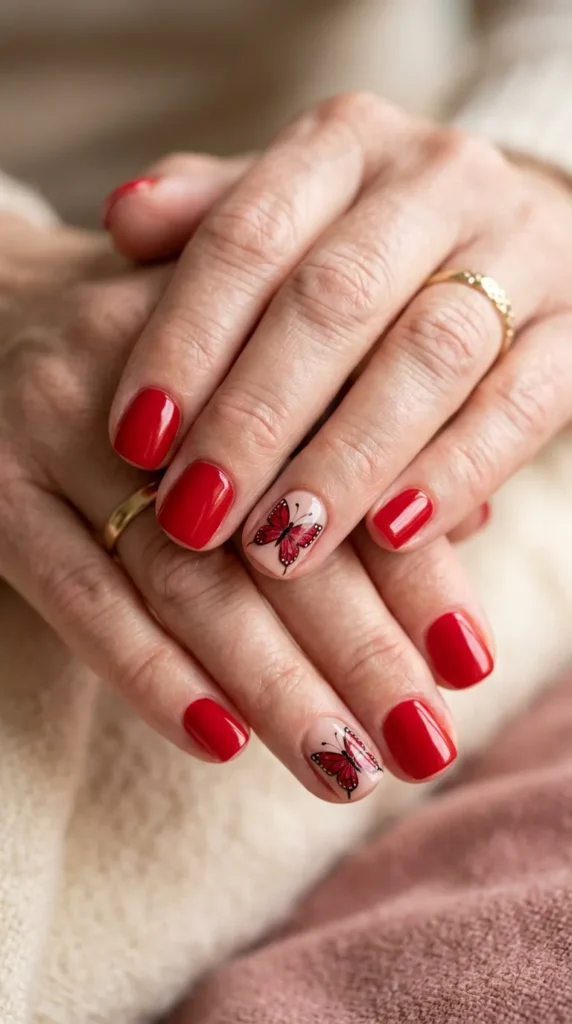 Red Butterfly Accent Nails