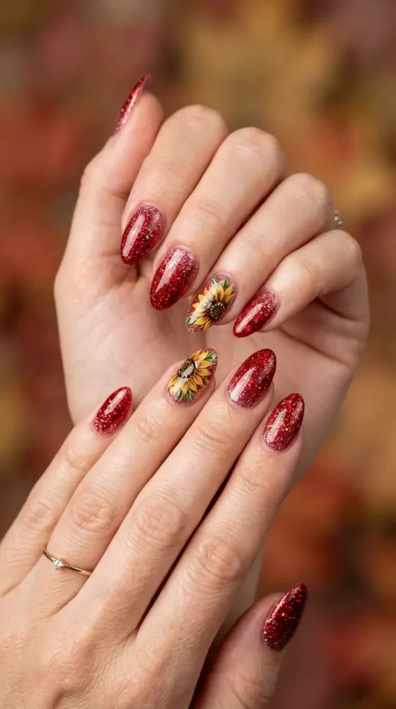 Red Glitter Fade with Sunflower Accent