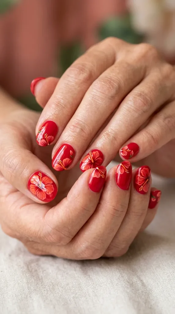 Red Hibiscus Floral Nails