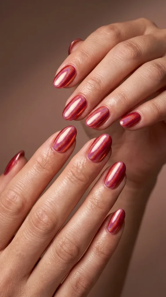 Red Iridescent Chrome Nails