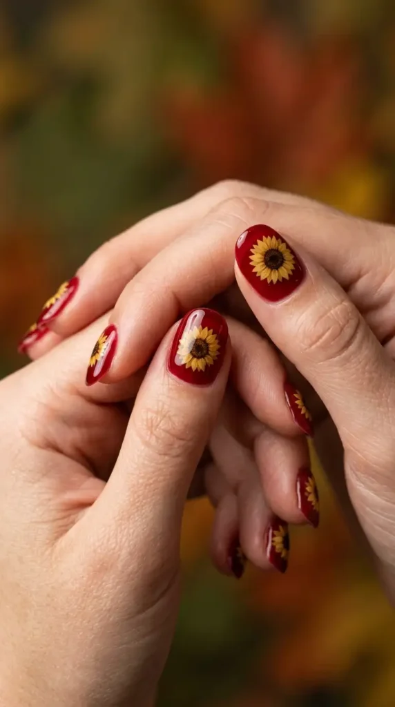 Red Jelly Nails with Mini Sunflowers