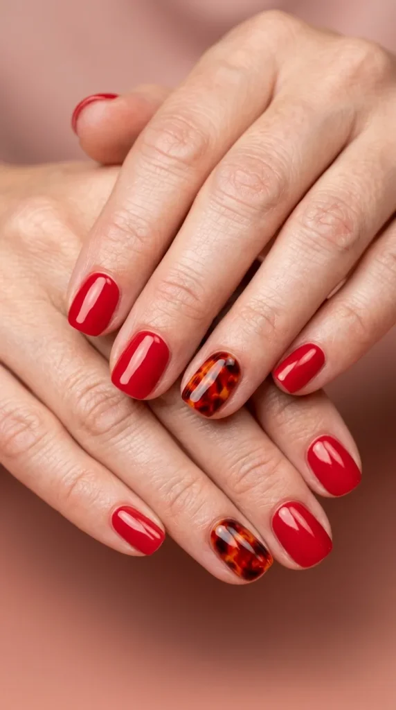 Red Tortoiseshell Accent Nails