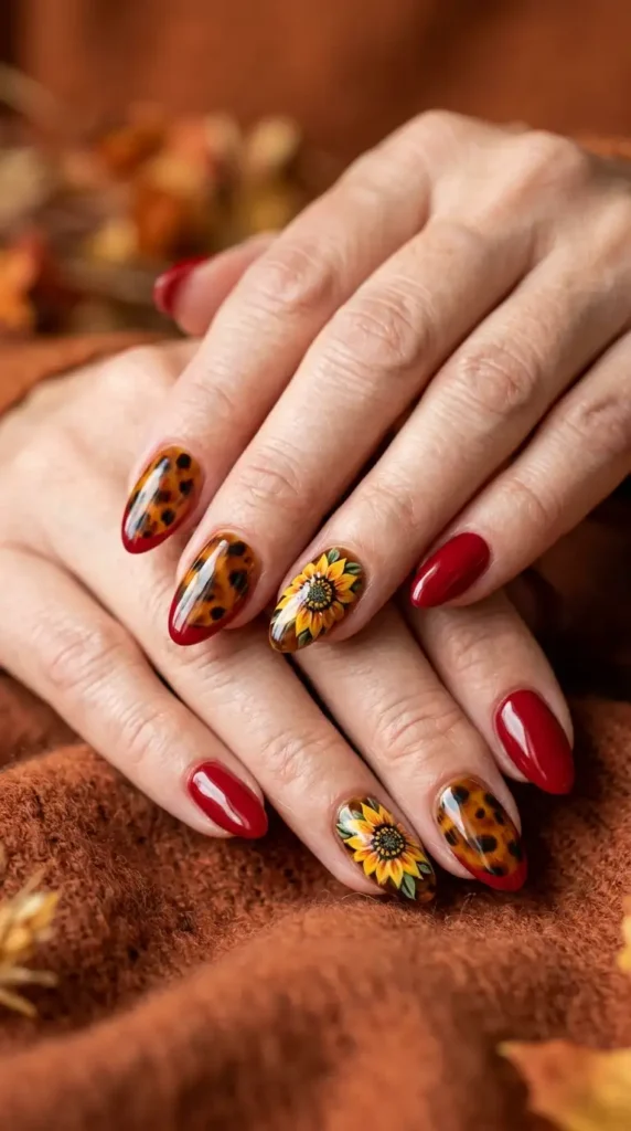 Red Tortoiseshell Sunflower Nails