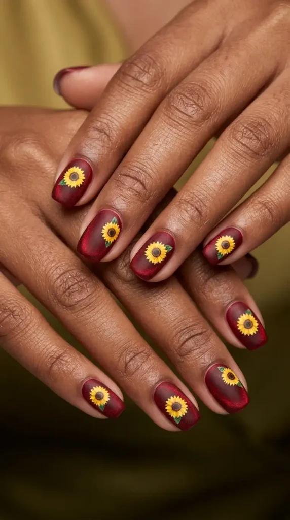 Red Velvet Matte Nails with Sunflower Decals