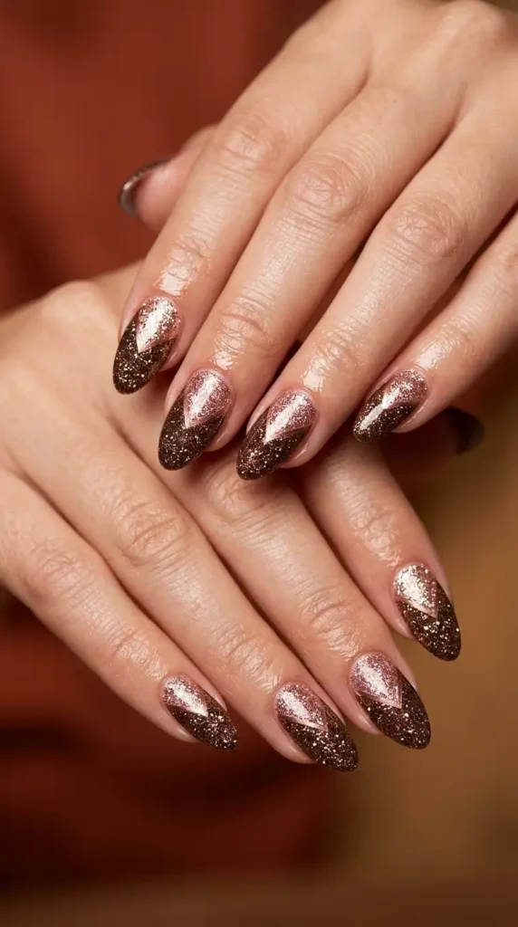 Rose Gold & Brown Glitter Color Block Nails
