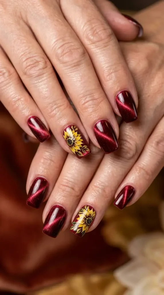 Ruby Cat Eye Sunflower Nails