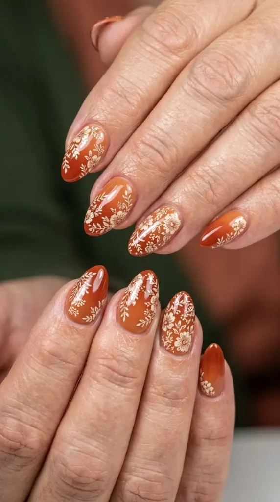 Rust Ombre Nails with Floral Stamping