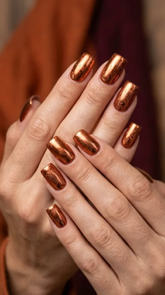 Rust Orange Floral Chrome Nails