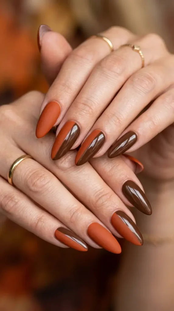 Rustic Orange & Brown Color Block Nails