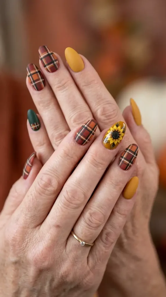 Rustic Plaid Acrylic Nails with Floral Accent