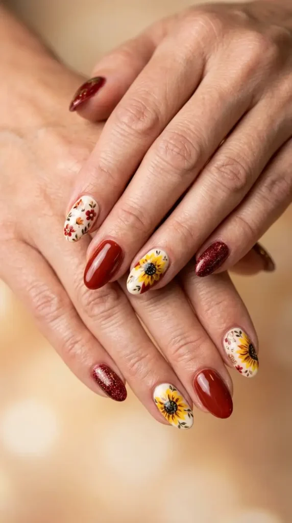 Rustic Red Floral Skittle Nails