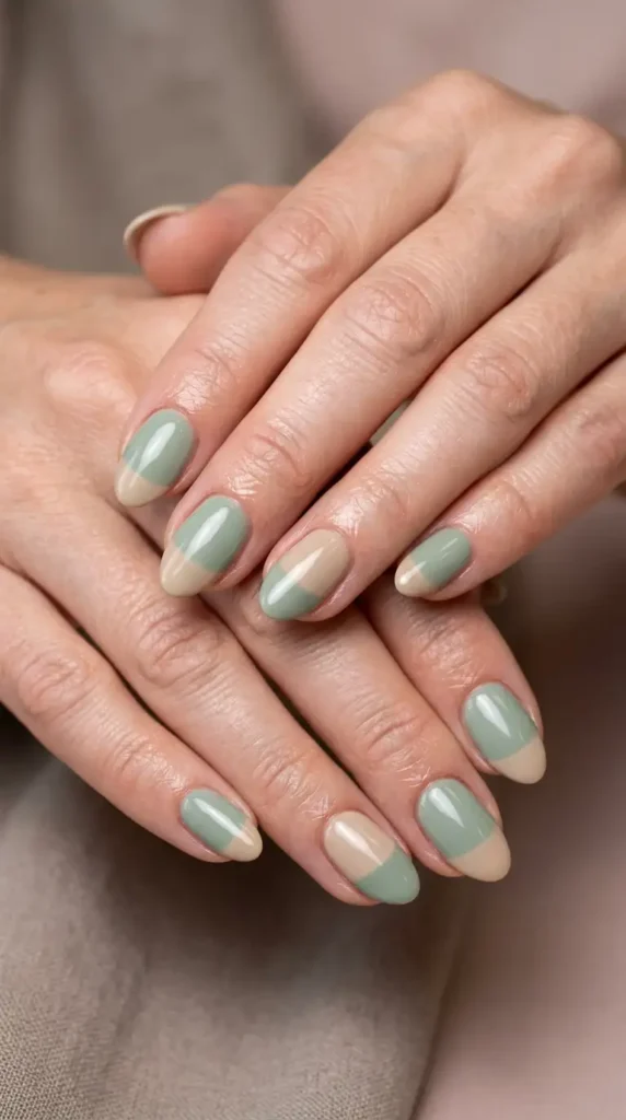 Sage & Beige Color Block Nails