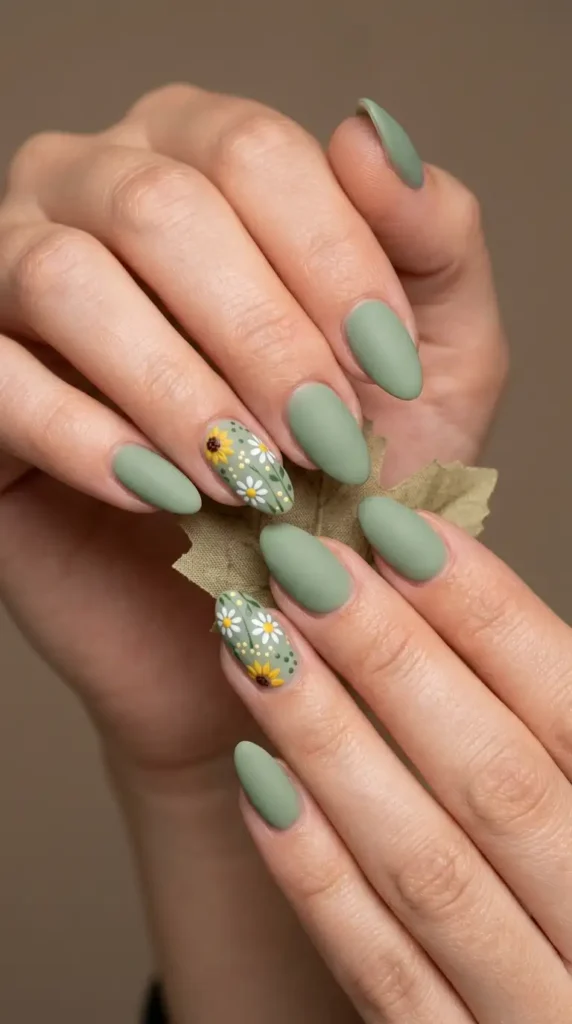 Sage Green Acrylic Nails with Daisy and Sunflower Mix