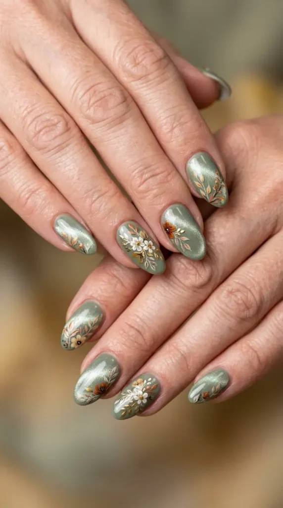 Sage Green Floral Cat Eye Nails