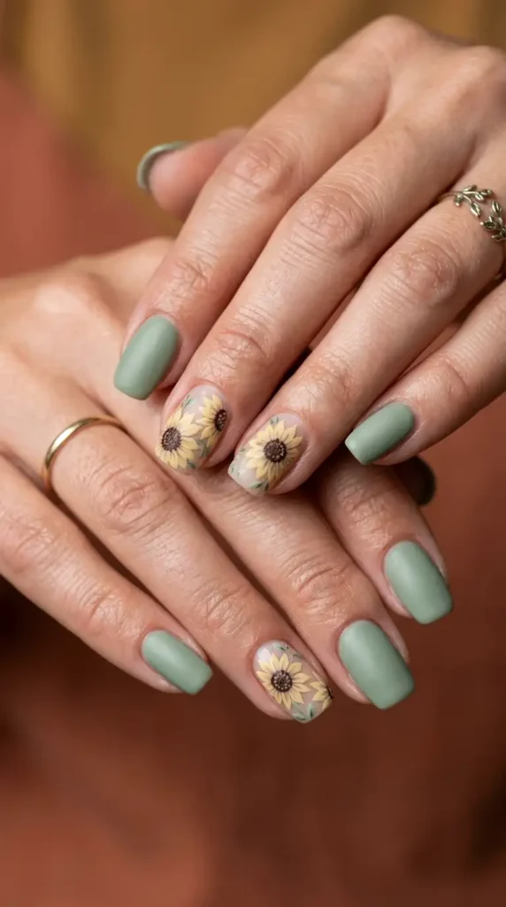 Sage Green Floral Fall Nails