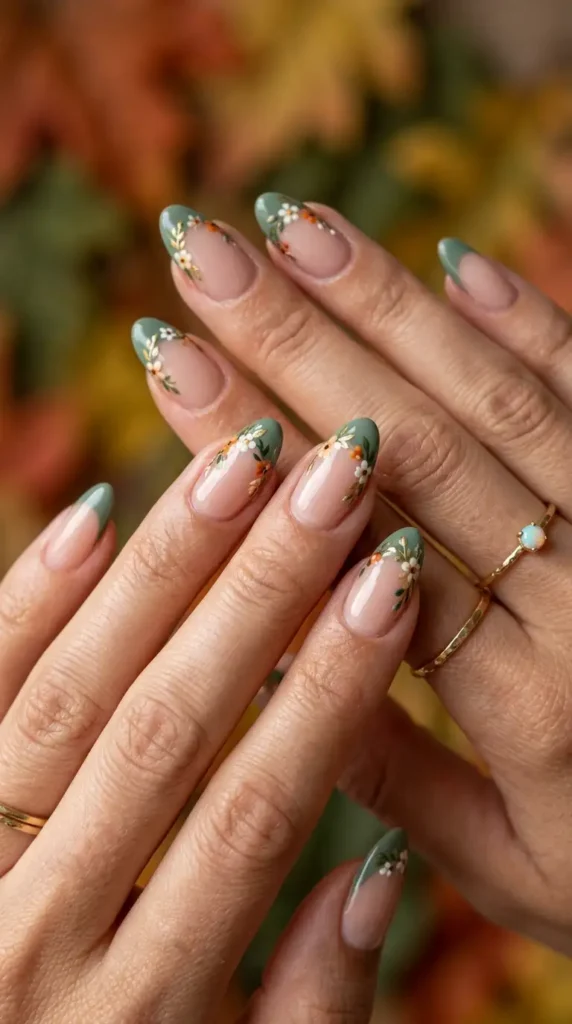 Sage Green Floral French Manicure
