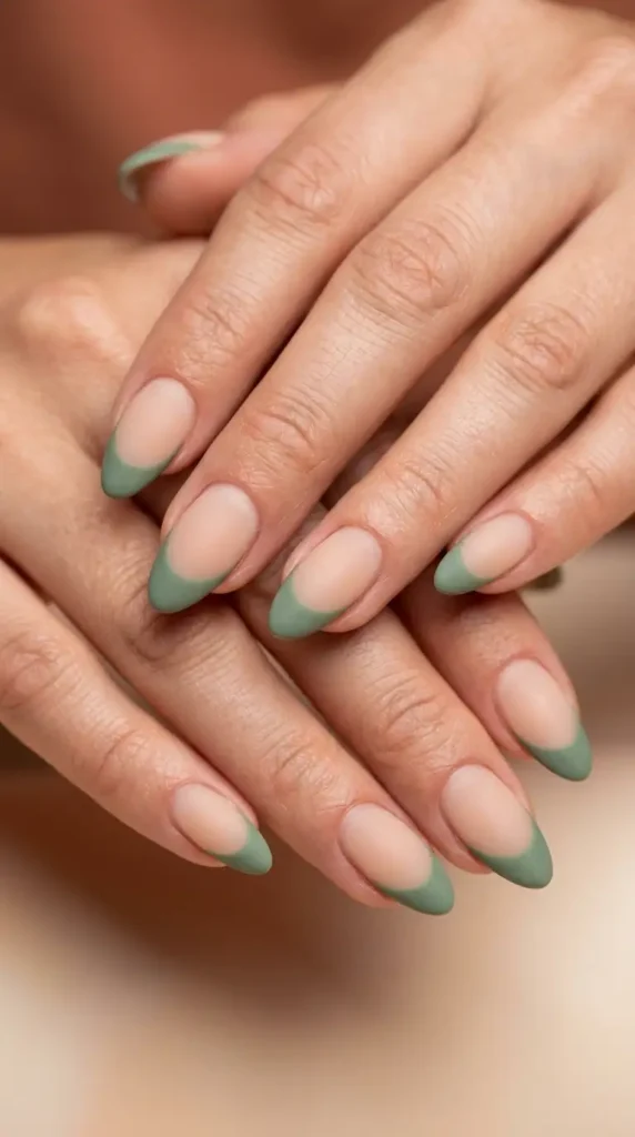 Sage Green French Almond Nails