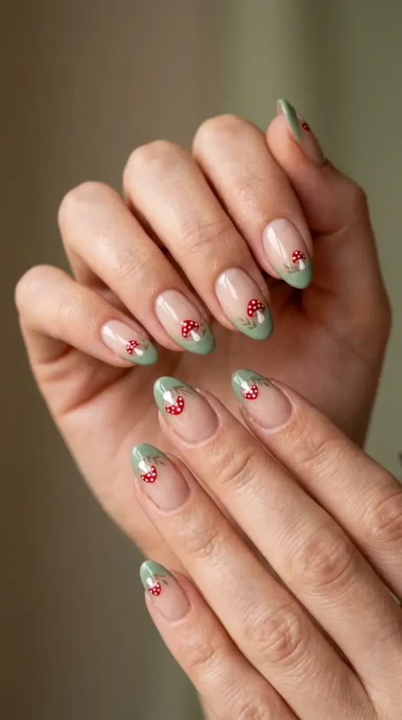 Sage Green French Tips with Tiny Mushrooms
