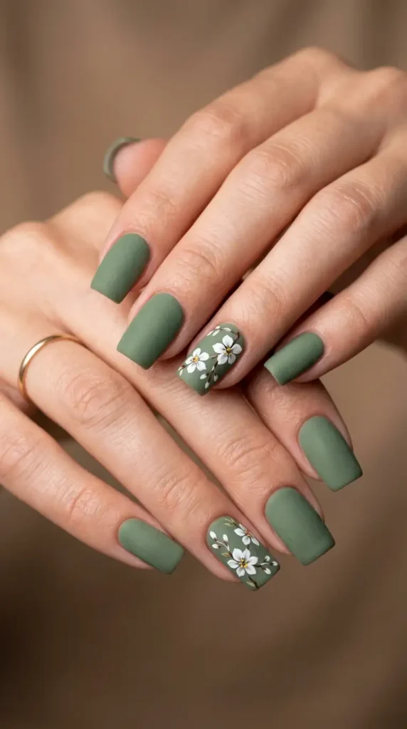 Sage Green Matte Nails with White Blossoms
