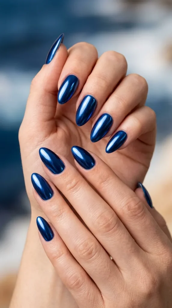 Sapphire chrome almond nails